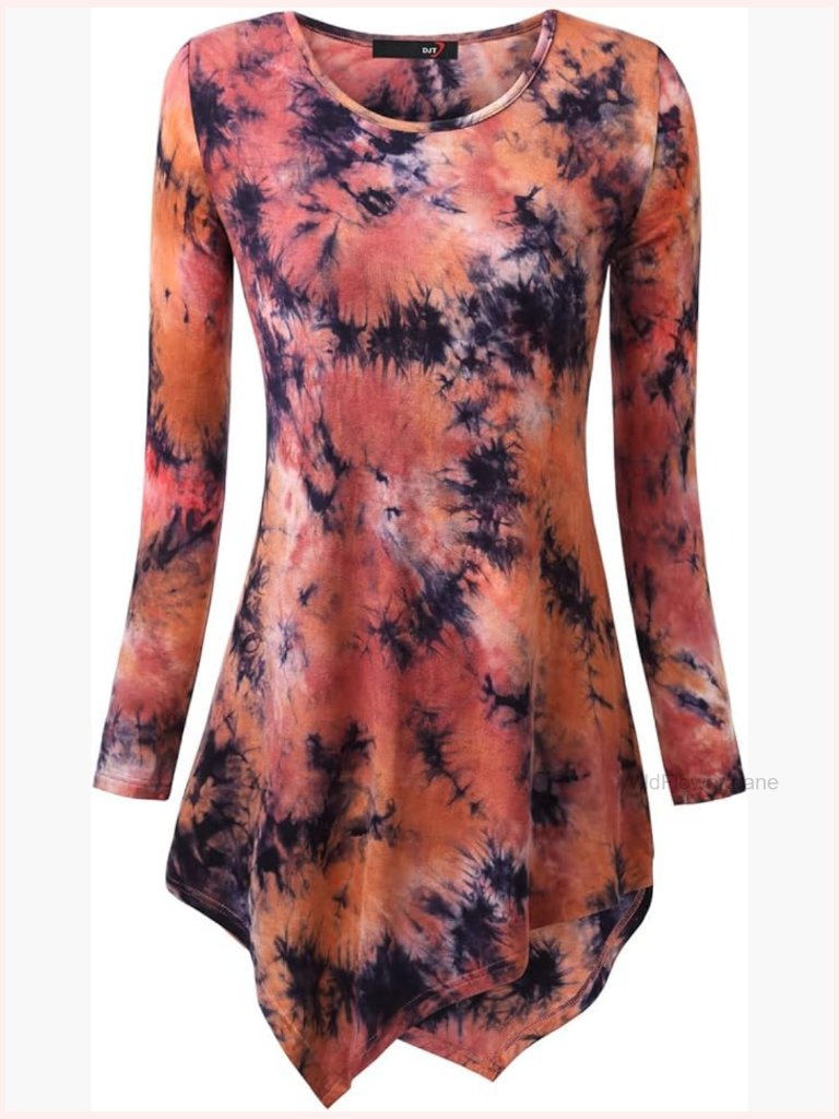 Flare Fit Long Sleeve Tunic Top With Handkerchief Hem